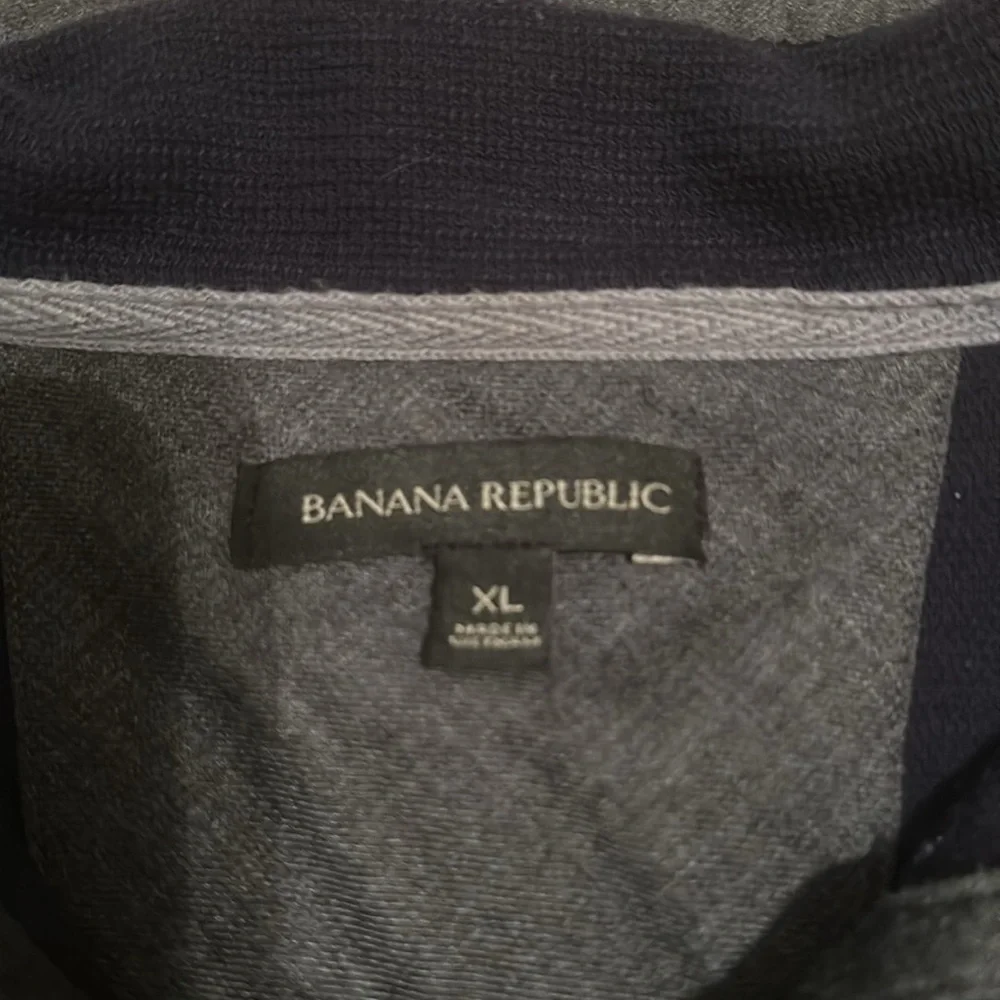 Banana Republic Navy Blue Waffle Knit Grey Patchwork Collared Quarterzip Sweater